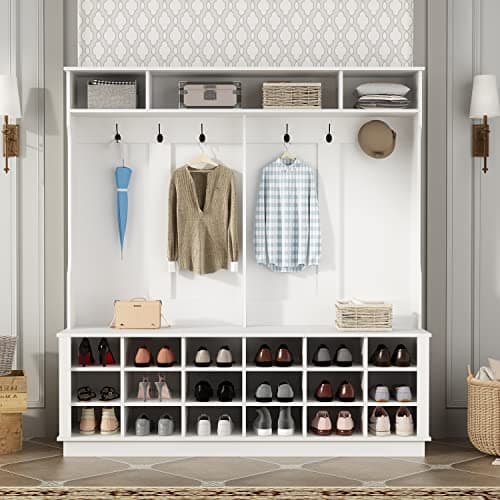 White Wide Hall Tree with Shoe Storage Bench, 18 Shoe Storage Cube & 3 Top Cube, Modern 4-in-1 Entryway Coat Rack for Ha