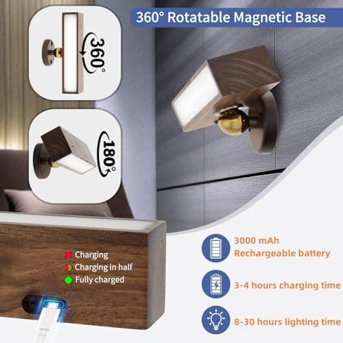 Wireless Dimmable Battery Operated Led Wall Sconces 2 Pack for Bedroom (Black Walnut)  
Rechargeable 3 Color Temperature