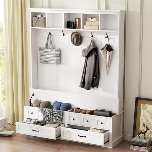 Wide Hall Tree with Lift Top Storage Bench and Drawers for Living Room, Retro Wooden Entrance Organizer with Hooks and O