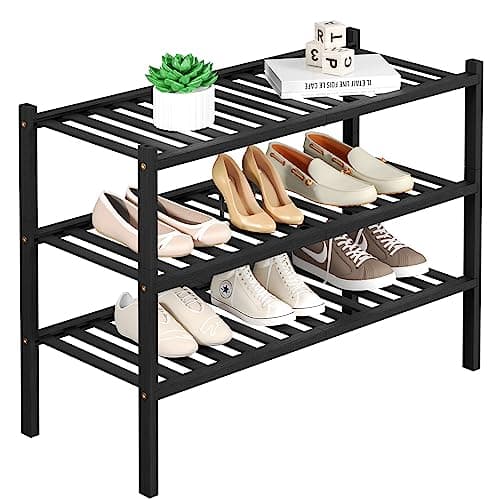 Black 3 Tier Bamboo Shoe Rack for Closet Free Standing Wood Shoe Shelf Storage Organizer for Entryway Small Space Stacka