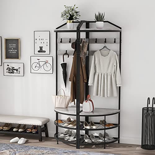 GiftGo Grey Corner Hall Tree with Shoe Bench (Greige) for Home Office Bedroom