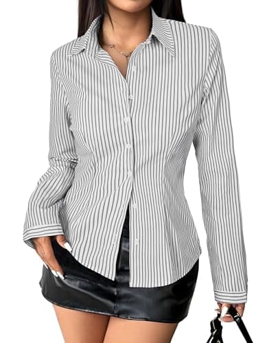Gleeivy Women's Striped Button Down Shirts Y2k Crop Tops V Neck Collared Slim Fit Blouses Flare Sleeve Streetwear