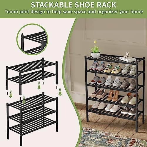 Black 3 Tier Bamboo Shoe Rack for Closet Free Standing Wood Shoe Shelf Storage Organizer for Entryway Small Space Stacka
