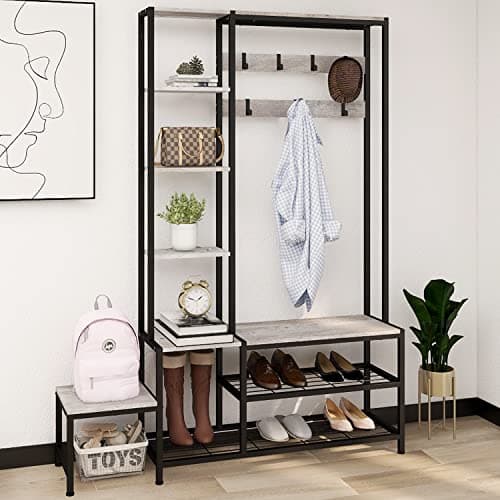 5-in-1 Industrial Hall Tree with Shoe Storage Bench Coat RackSmall Cute Side Bench with 7 Hooks and 4 Tier Storage Shelv