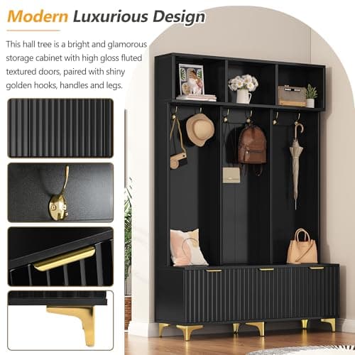 Merax Modern Large Storage Hall Tree with Bench, Multi-Functional with High Gloss Fluted Doors, Entryway Organizer with