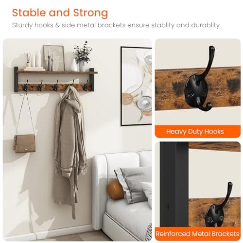 Homede Coat Rack with Wall Mount, Rustic Brown Black, 24 Inch Long Entryway Wall Shelf with Hooks, Wood Hanger with Stor