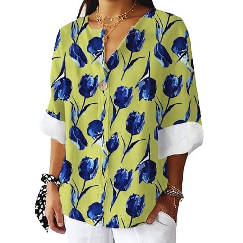 Bivenant Women's Floral Blouses Vintage Cotton Linen Button V-Neck T-Shirts 3/4 Sleeve Boho Tunic Tops for Summer
| Wom