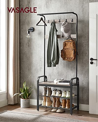 VASAGLE UHSR40MB Coat Rack, Hall Tree with Shoe Bench for Entryway, 4-in-1 with 9 Hooks and Hanging Rod, Greige and Blac