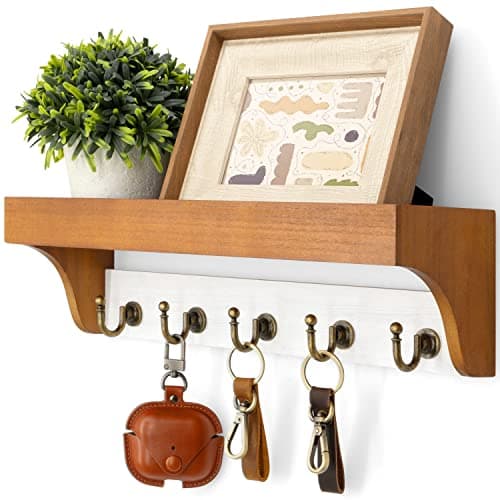 Rebee Vision Farmhouse Mail Rack for Home Decor: Wall Mount Key Holder with Shelf (Light Brown)