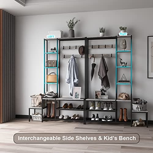 5-in-1 Industrial Hall Tree with Shoe Storage Bench Coat RackSmall Cute Side Bench with 7 Hooks and 4 Tier Storage Shelv