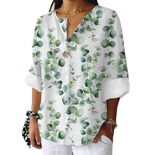 Bivenant Women's Floral Blouses Vintage Cotton Linen Button V-Neck T-Shirts 3/4 Sleeve Boho Tunic Tops for Summer
| Wom