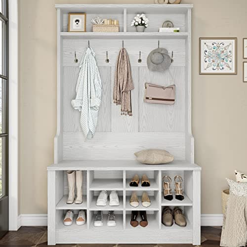 Itaar Embossed White 3-in-1 Entryway Bench with Coat Rack and Shoe Storage