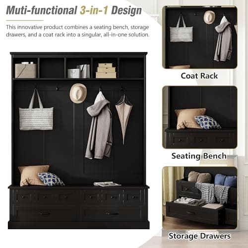 Wide Hall Tree with Lift Top Storage Bench and Drawers for Living Room, Retro Wooden Entrance Organizer with Hooks and O