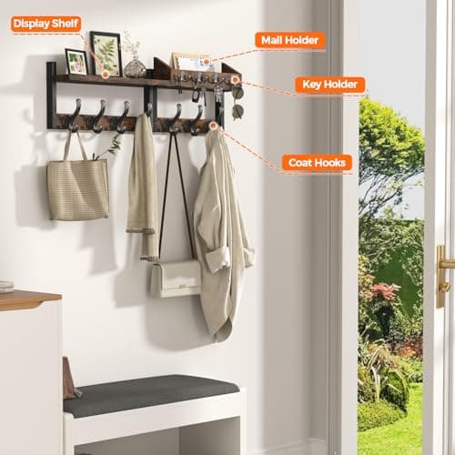 Rustic Brown 29" 4 in 1 Coat and Key Hanger Coat Rack with 11 Metal Hooks for Entryway and Living Room  
Rustic Brown 29