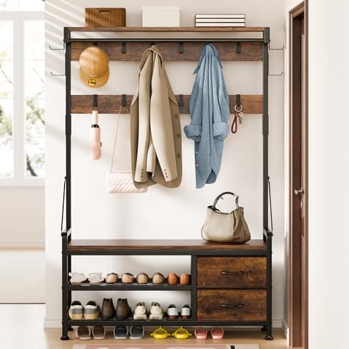 Lulive Hall Tree, Freestanding Entryway Bench with Coat Rack, Rustic Brown, 17 Hooks and Drawers, 5 in 1 Intelligent Des