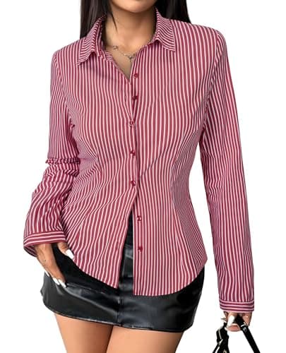 Gleeivy Women's Striped Button Down Shirts Y2k Crop Tops V Neck Collared Slim Fit Blouses Flare Sleeve Streetwear