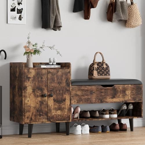 50" Entryway Shoe Bench with Hidden Storage | Storage Bench with Shelf and Cabinet for Bedroom, Living Room, and Hallway