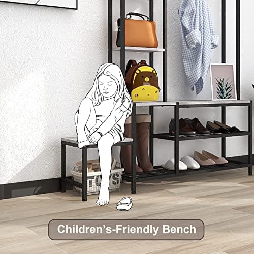 5-in-1 Industrial Hall Tree with Shoe Storage Bench Coat RackSmall Cute Side Bench with 7 Hooks and 4 Tier Storage Shelv