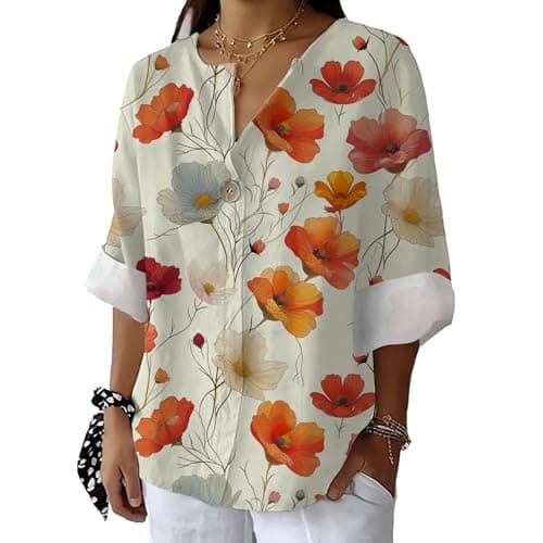 Bivenant Women's Floral Blouses Vintage Cotton Linen Button V-Neck T-Shirts 3/4 Sleeve Boho Tunic Tops for Summer
| Wom