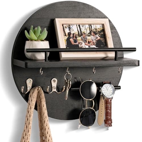 Wall Decorative Key Holder with Shelf and Hooks - Rustic Home Decor for Mail Organization and Entryway Organization
| M
