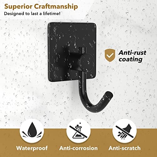 Heavy Duty Self Adhesive Hooks for Bathroom and Kitchen, Stainless Rustproof Coat and Robe Hooks, 6 Pack  
Sticky Black