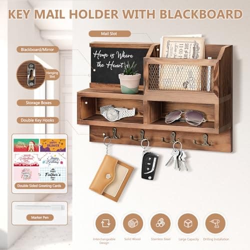 Wooden Mail and Key Holder Wall Mount with Chalkboard and Mirror Brown 8 Hooks 3 Cards Type 1  
Wooden Mail Key Organize