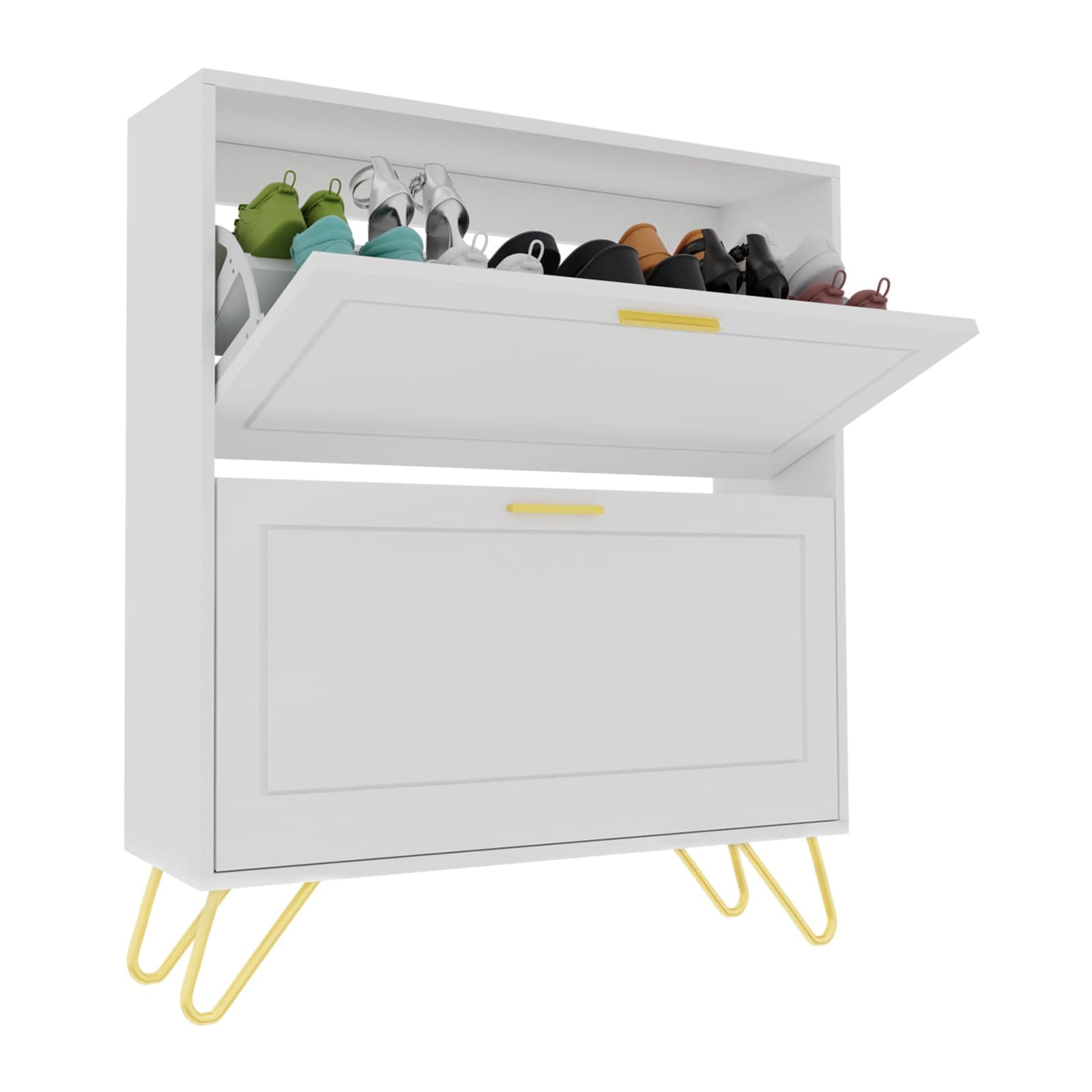 Golden Shoe Cabinet with 2 Flip Drawers for Entryway and Foyer
| Adjustable Shelf Shoe Organizer Cabinet for Hallway wi