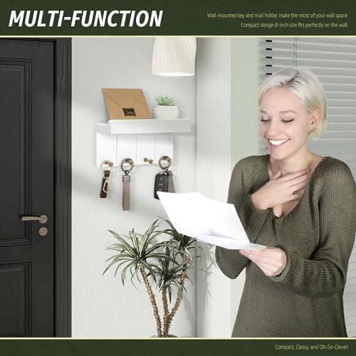 Rebee Vision Modern White Small Key Holder Wall Mount - Aesthetic Apartment Essentials for Farmhouse Living Room - Ideal
