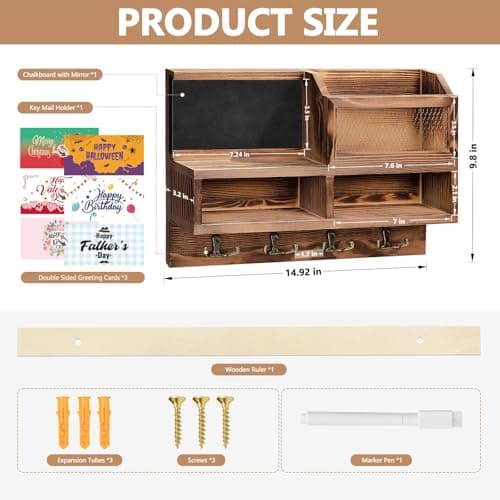 Wooden Mail and Key Holder Wall Mount with Chalkboard and Mirror Brown 8 Hooks 3 Cards Type 1  
Wooden Mail Key Organize