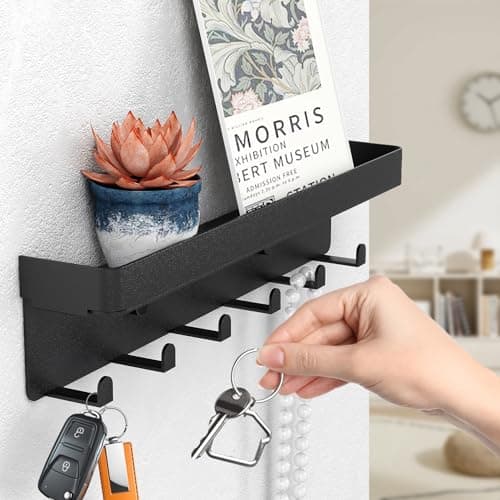 Rustic Key Holder for Wall with Shelf Metal Matte Black, Small Key Organizer for Entryway Hallway Living Room Decor, 6 K