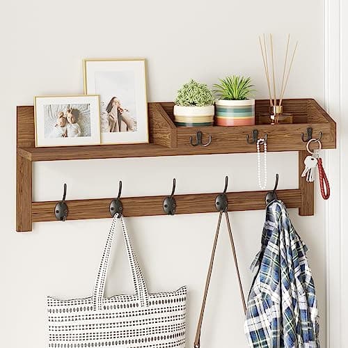 AMBIRD Entryway Wood Shelf With 5 Dual Hooks - 26.57-Inch Wall Hanging Shelf for Coat Storage (White)  
Entryway Wood Or