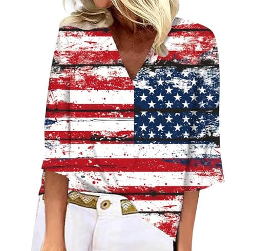 BIVENANT Women's Patriotic 3/4 Sleeve American Flag Shirt V-Neck for 4th of July Party
BIVENANT Women's Patriotic 3/4 Sl