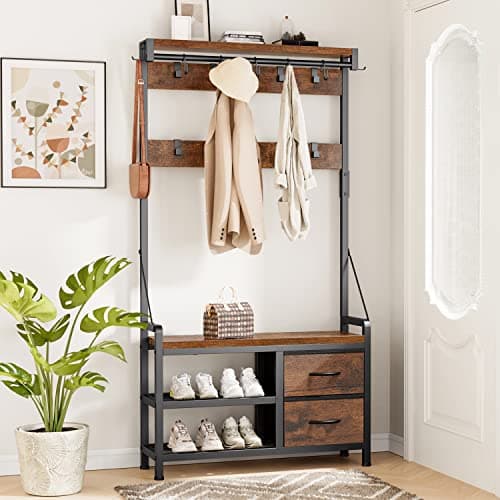 Lulive Hall Tree, Freestanding Entryway Bench with Coat Rack, Rustic Brown, 17 Hooks and Drawers, 5 in 1 Intelligent Des