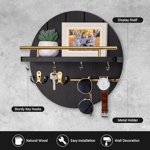 Nekon Black&Gold Rustic Mail Organizer with Shelf and Hooks for Hall Kitchen Entryway
