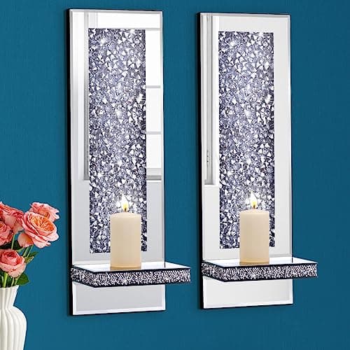 Crystal Crush Diamond Mirrored Candle Sconces, Silver Wall Candle Holder Set of 2, Living Room and Dining Room Decor (Re