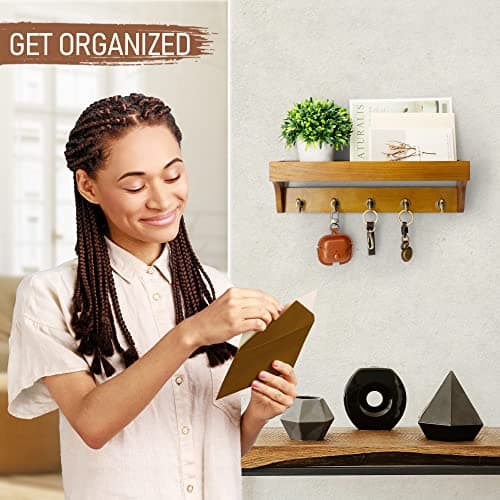 Rebee Vision Farmhouse Mail Rack for Home Decor: Wall Mount Key Holder with Shelf (Light Brown)