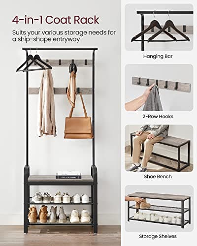 VASAGLE UHSR40MB Coat Rack, Hall Tree with Shoe Bench for Entryway, 4-in-1 with 9 Hooks and Hanging Rod, Greige and Blac