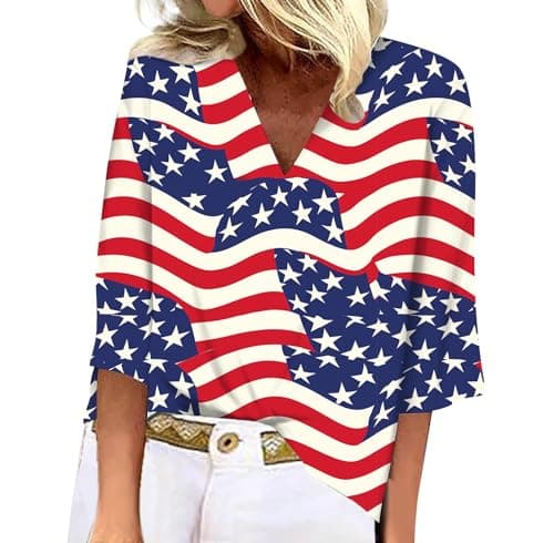 BIVENANT Women's Patriotic 3/4 Sleeve American Flag Shirt V-Neck for 4th of July Party
BIVENANT Women's Patriotic 3/4 Sl