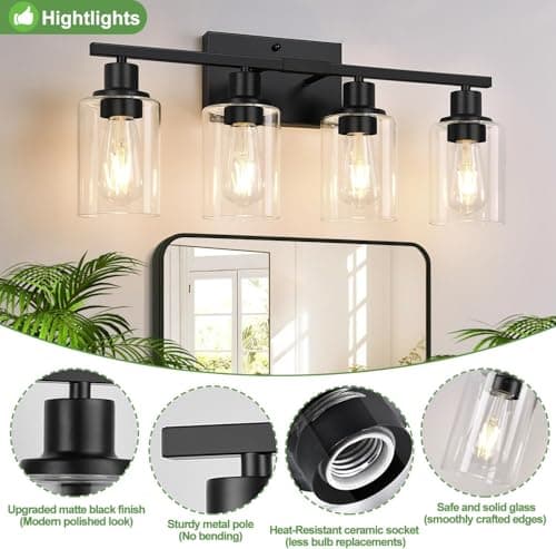 4-Light Bathroom Light Fixtures, Matte Black Modern Vanity Lights for Bathroom Mirror Living Room Cabinet Bedroom Porch