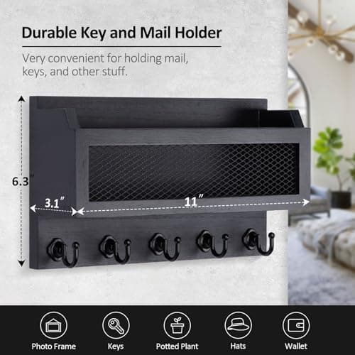Nekon Black 11 Inch Wooden Wall Key Organizer for Entryway Hallway Decorative Key Holder Storage Shelf