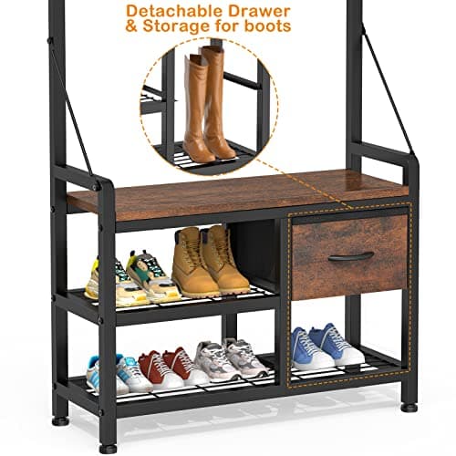 Lulive Hall Tree, Freestanding Entryway Bench with Coat Rack, Rustic Brown, 17 Hooks and Drawers, 5 in 1 Intelligent Des