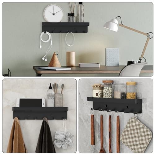 Rustic Key Holder for Wall with Shelf Metal Matte Black, Small Key Organizer for Entryway Hallway Living Room Decor, 6 K