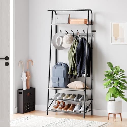 Hall Trees Entryway Bench with Storage (Grey+Black, 5 Hooks-25.2 in)  
Multifunctional Hallway Organizer with Wood Look