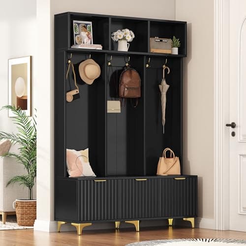 Merax Modern Large Storage Hall Tree with Bench, Multi-Functional with High Gloss Fluted Doors, Entryway Organizer with