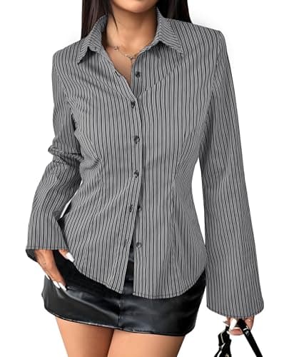 Gleeivy Women's Striped Button Down Shirts Y2k Crop Tops V Neck Collared Slim Fit Blouses Flare Sleeve Streetwear