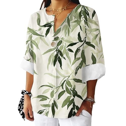 Bivenant Women's Floral Blouses Vintage Cotton Linen Button V-Neck T-Shirts 3/4 Sleeve Boho Tunic Tops for Summer
| Wom