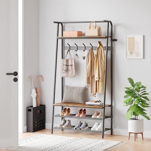 Hall Trees Entryway Bench with Storage (Grey+Black, 5 Hooks-25.2 in)  
Multifunctional Hallway Organizer with Wood Look