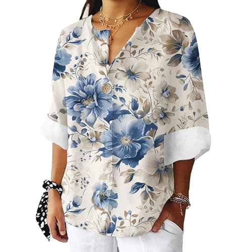 Bivenant Women's Floral Blouses Vintage Cotton Linen Button V-Neck T-Shirts 3/4 Sleeve Boho Tunic Tops for Summer
| Wom