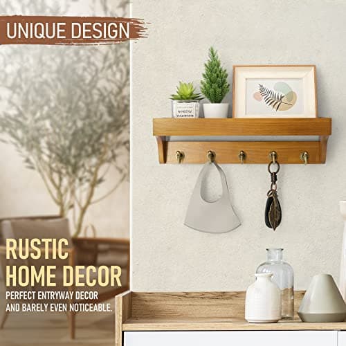 Rebee Vision Farmhouse Mail Rack for Home Decor: Wall Mount Key Holder with Shelf (Light Brown)
