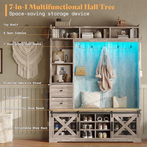 AMERLIFE Rustic Gray 7-in-1 Farmhouse Hall Tree for Entryway Organizing with 12 Shoe Cubbies and 7 Coat Racks
